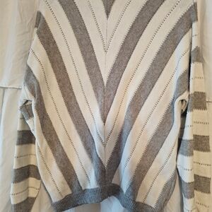 Chevron Chunky Vneck Sweater, Size L, Grey and White, Prettygarden